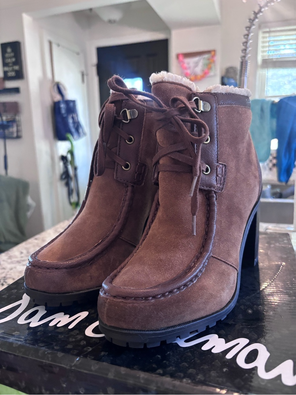 Sam Edelman Brown Suede Lace-Up Ankle Boots with Shearling Trim